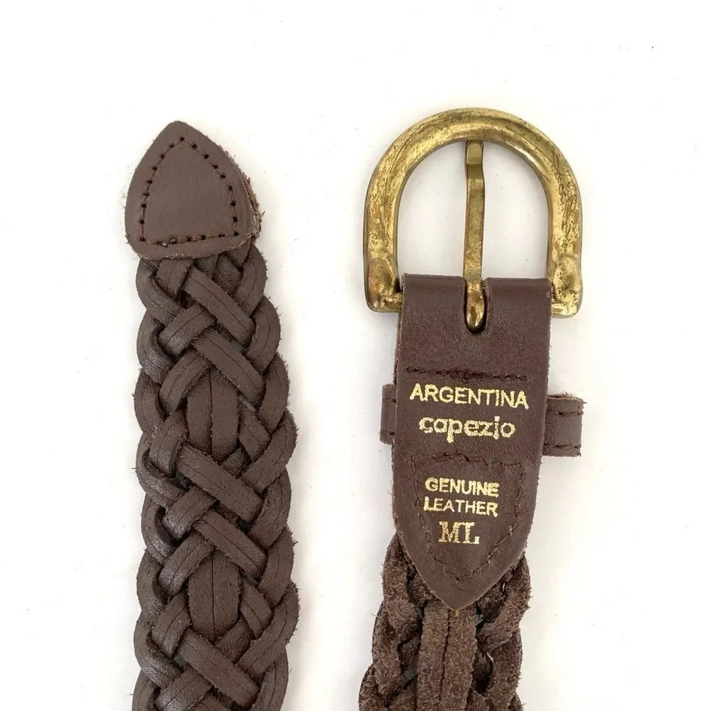 Vintage Brown Braided Leather Belt Gold Tone Buckle Sz M/L Boho Western Preppy